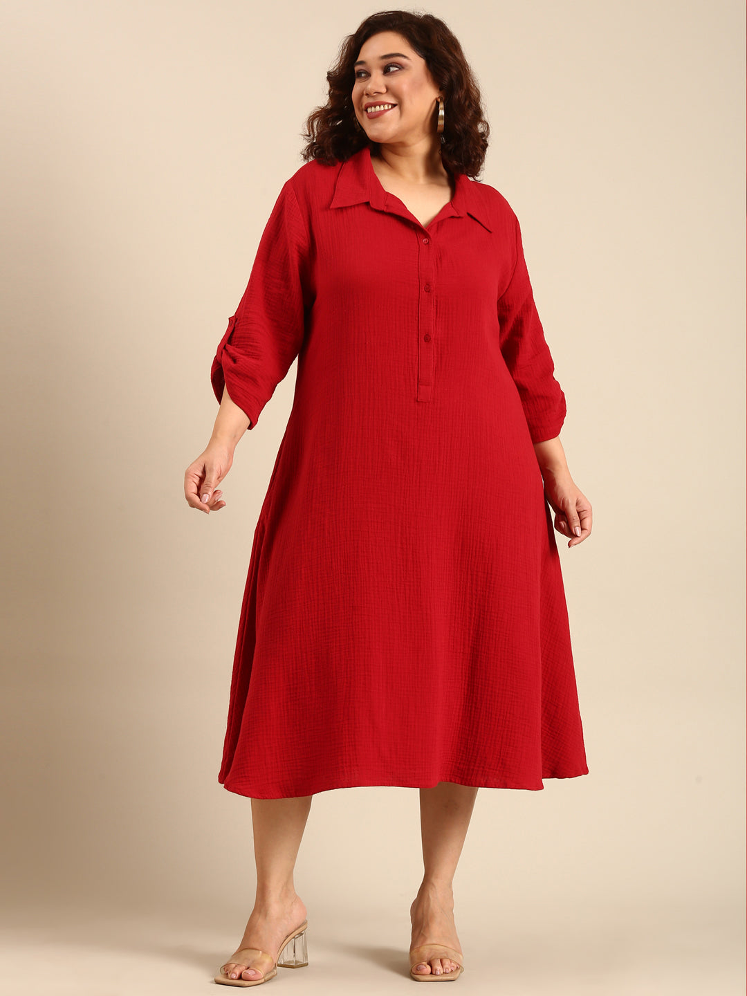Red Cotton A-Line Shirt Dress