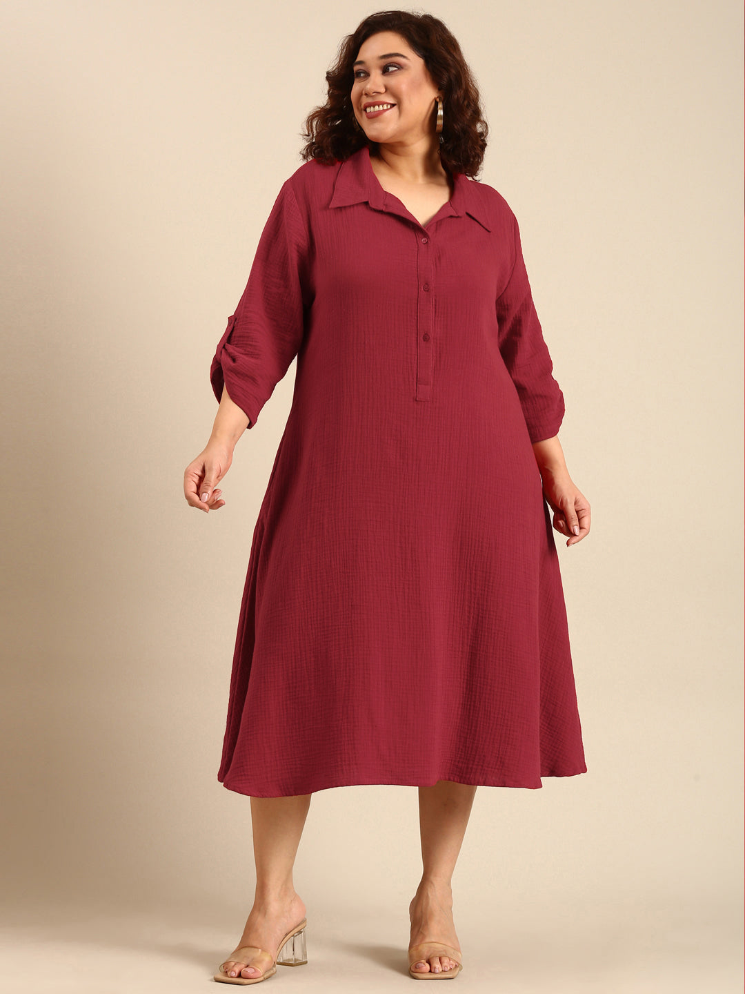 Red Cotton A-Line Shirt Dress