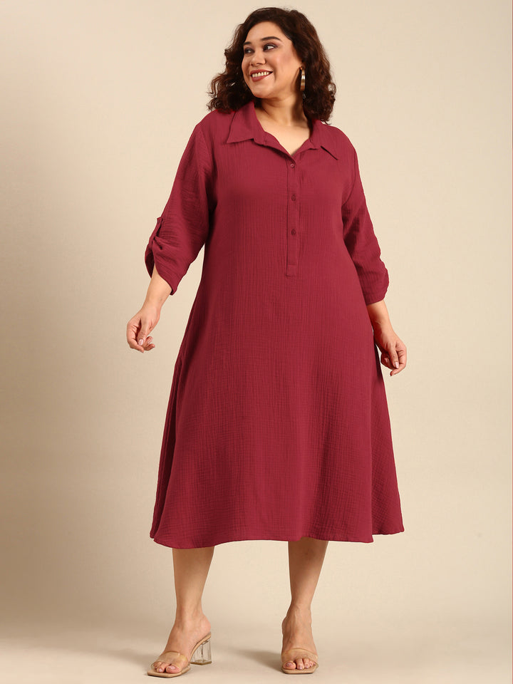 Red Cotton A-Line Shirt Dress