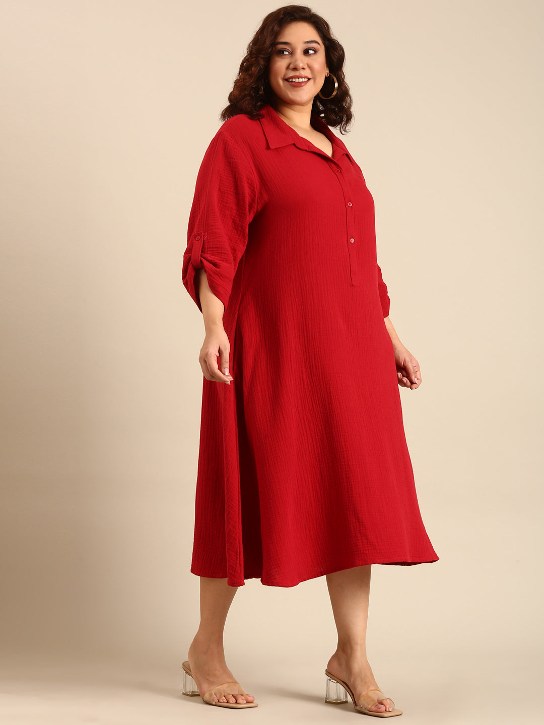 Red Cotton A-Line Shirt Dress