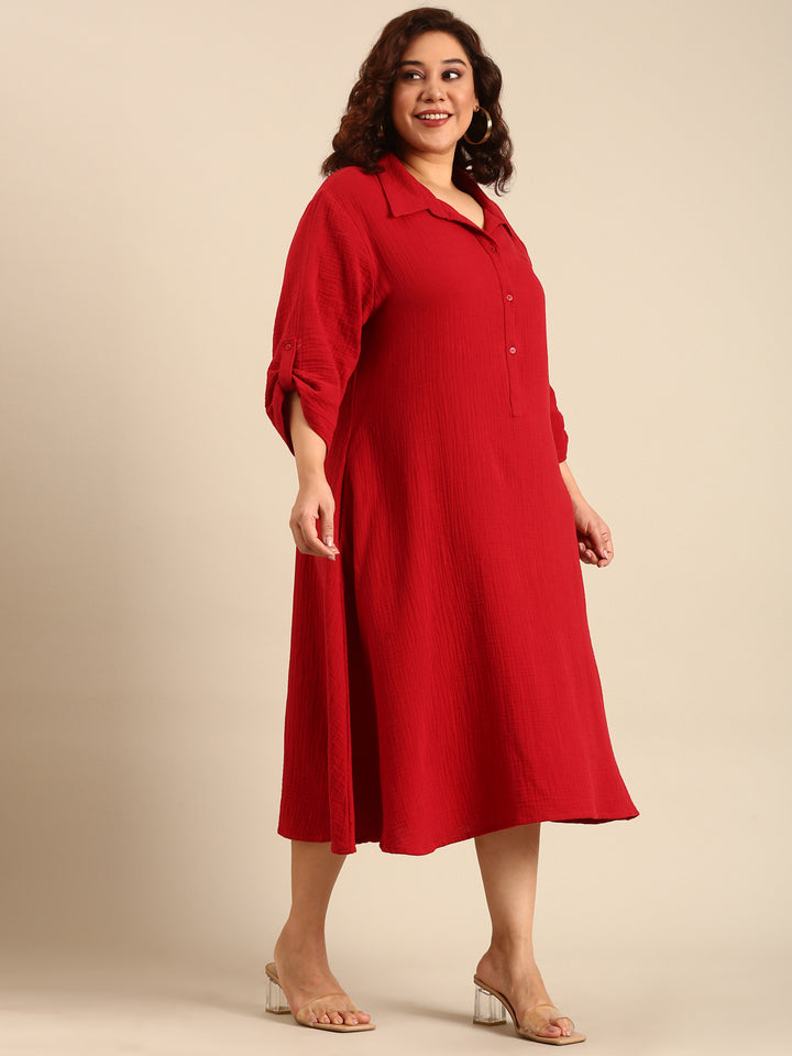 Red Cotton A-Line Shirt Dress