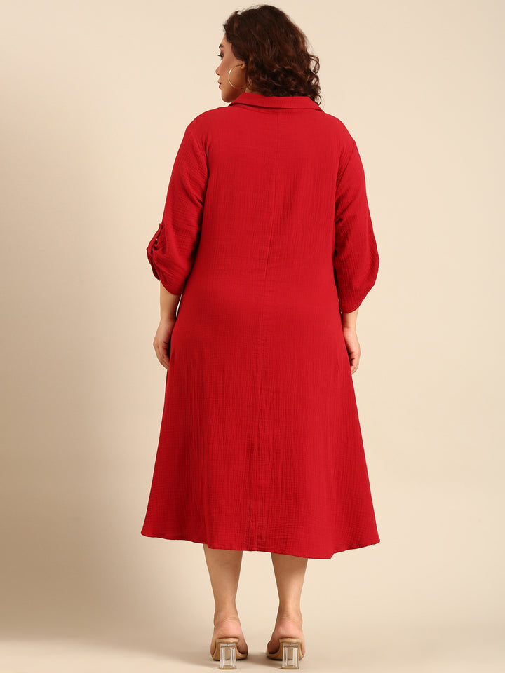Red Cotton A-Line Shirt Dress