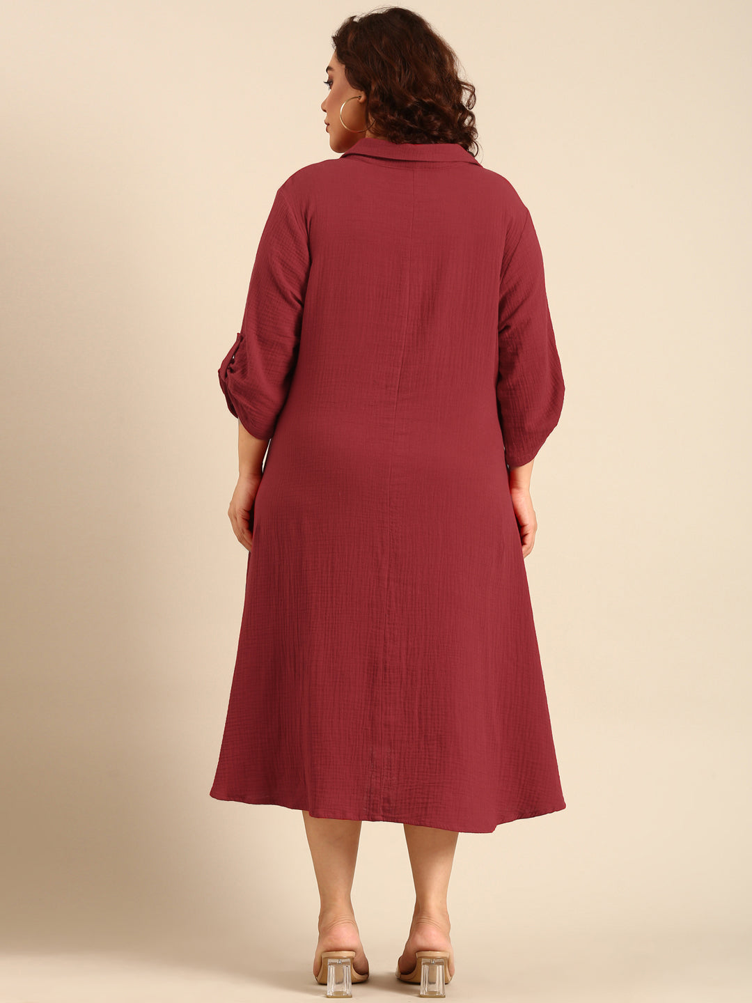 Red Cotton A-Line Shirt Dress