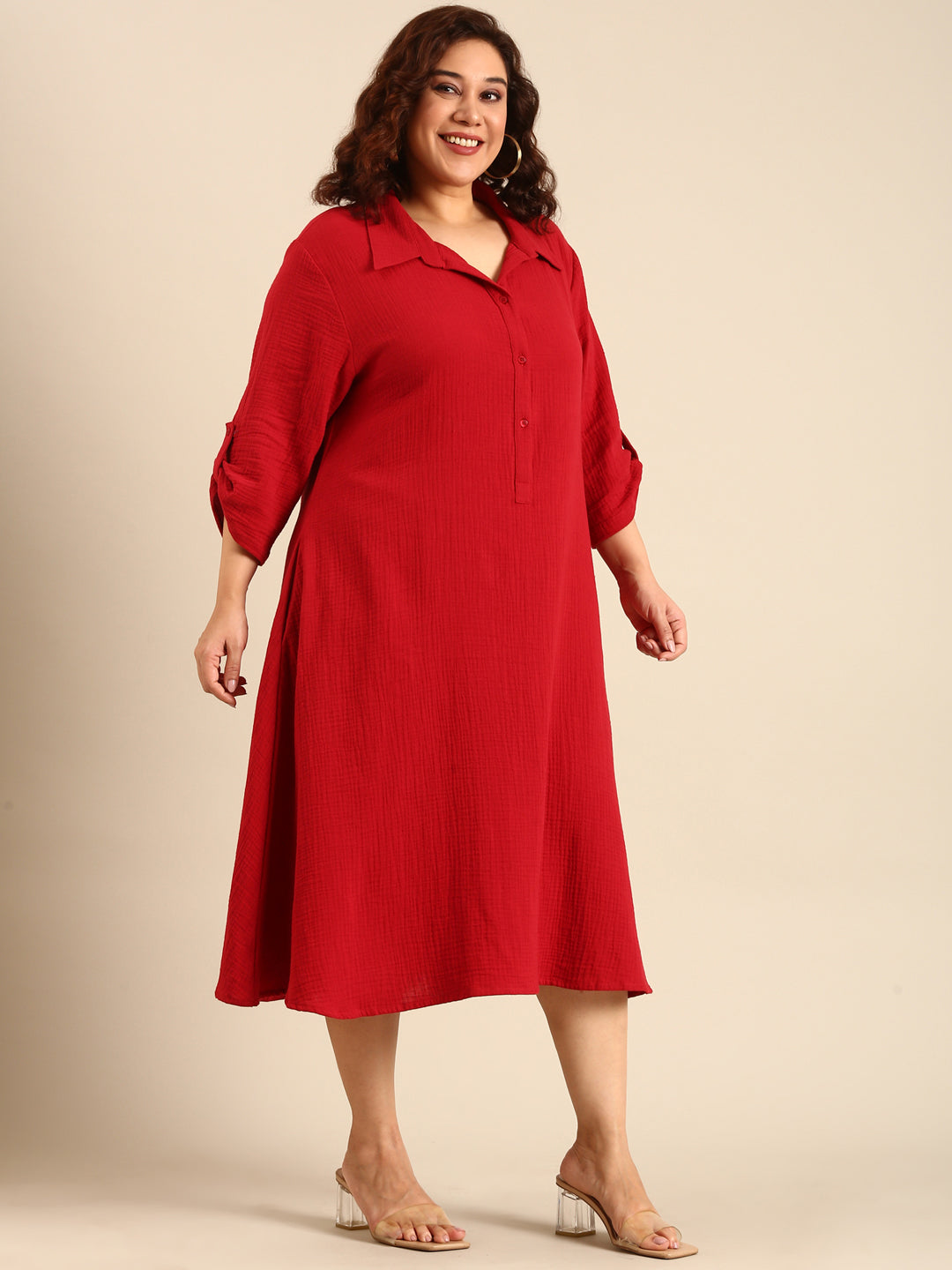 Red Cotton A-Line Shirt Dress