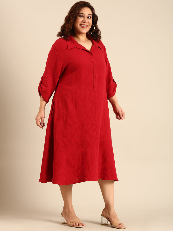 Red Cotton A-Line Shirt Dress
