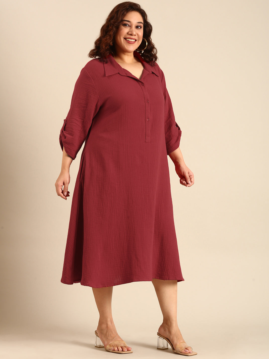 Red Cotton A-Line Shirt Dress