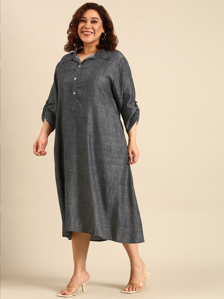 Tencel Striped A-Line Shirt Dress