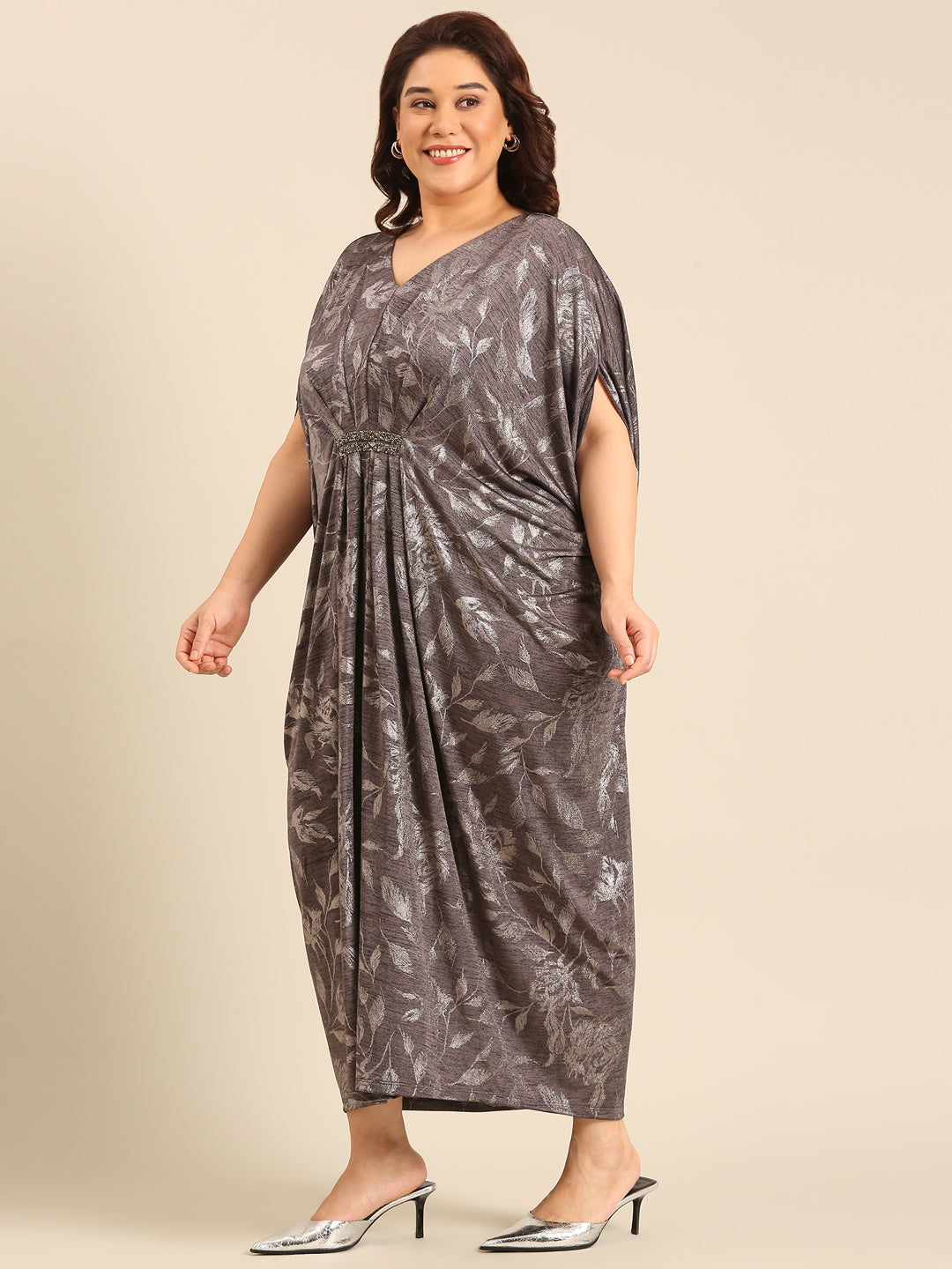 Grey Floral Kaftan Dress