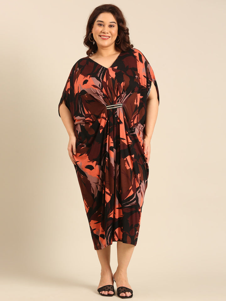 Brown Abstract Print Kaftan Dress