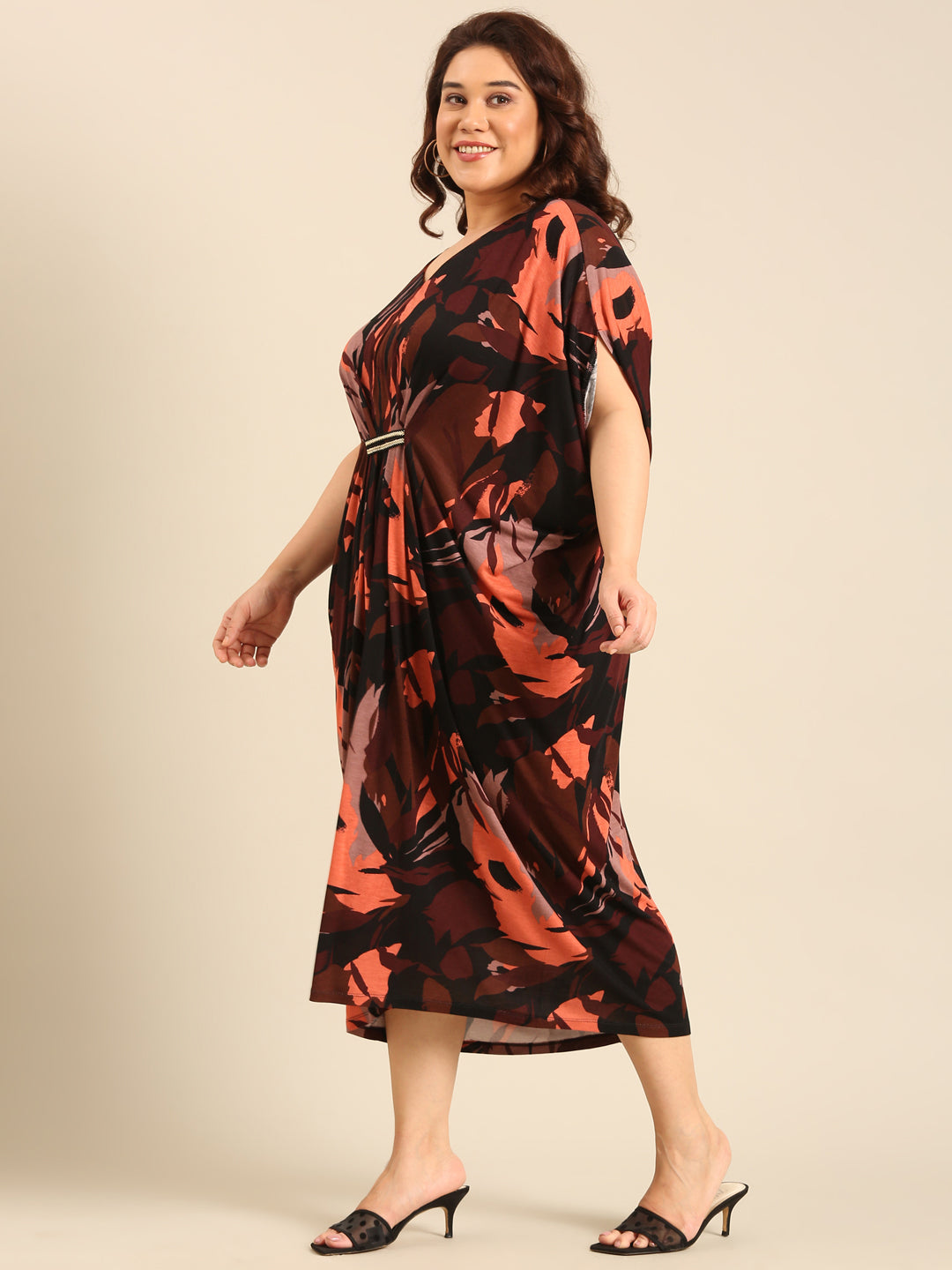 Brown Abstract Print Kaftan Dress