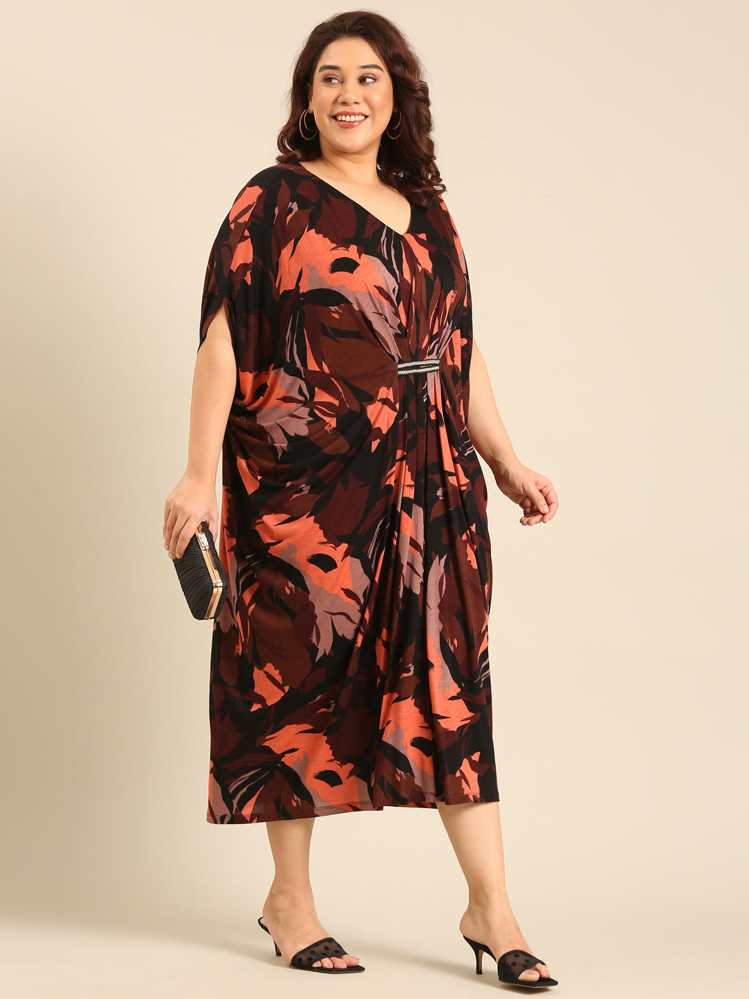 Brown Abstract Print Kaftan Dress