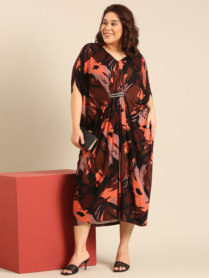 Brown Abstract Print Kaftan Dress