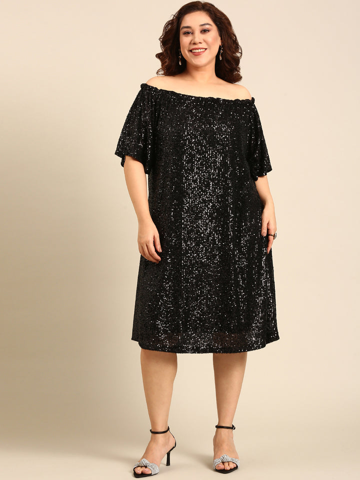 Off-Shoulder Black Sequin Dress