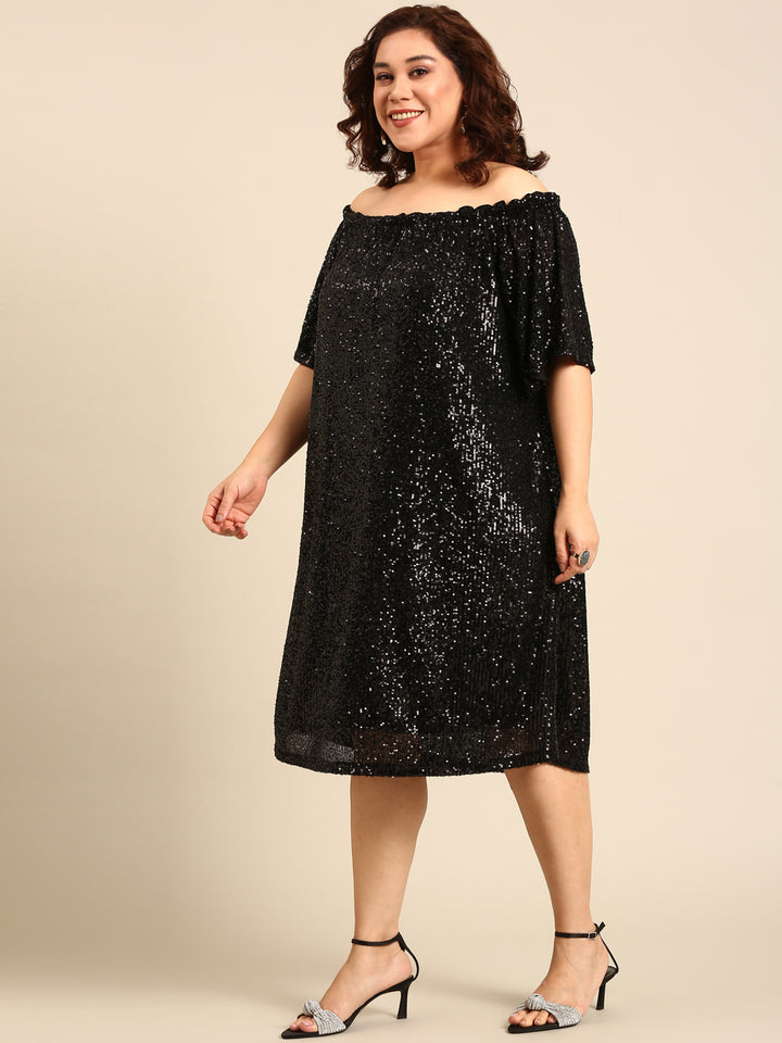 Off-Shoulder Black Sequin Dress