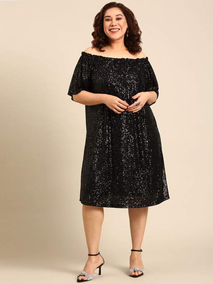 Off-Shoulder Black Sequin Dress