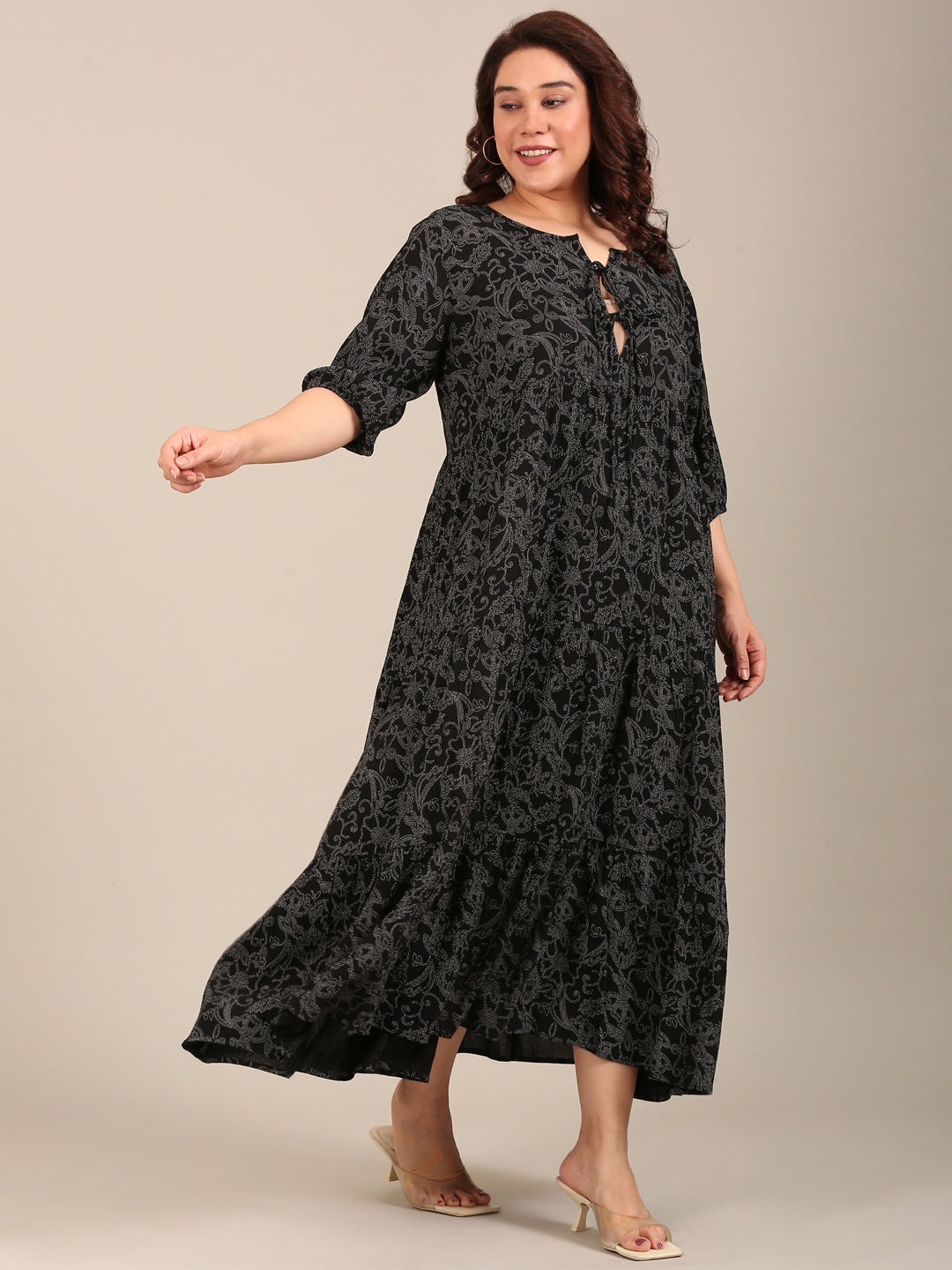 Printed Tiered Maxi Dress with Tie Neck