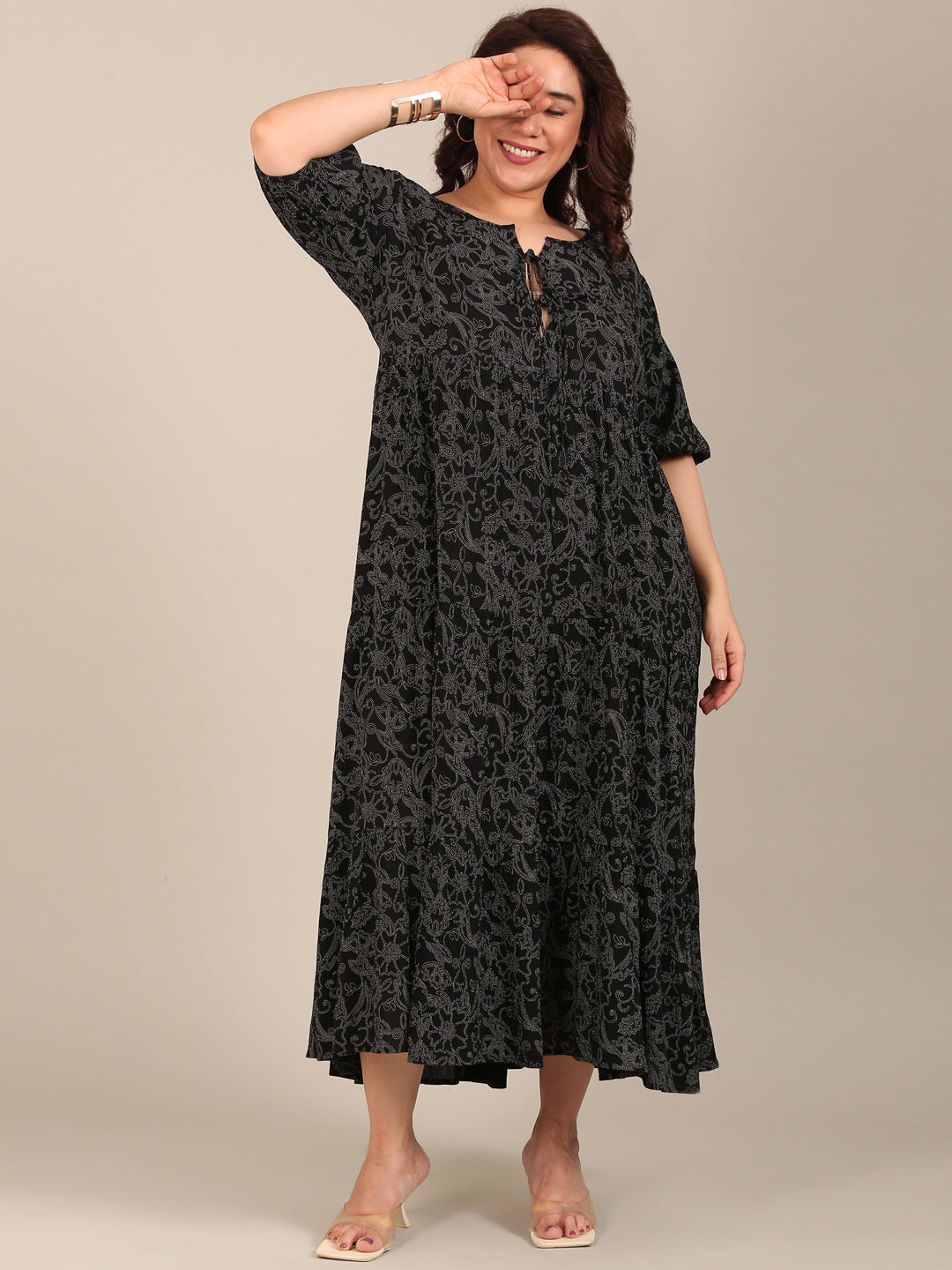 Printed Tiered Maxi Dress with Tie Neck