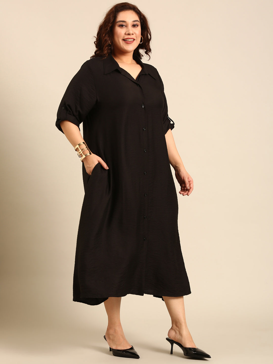 Solid Black Maxi Shirt Dress