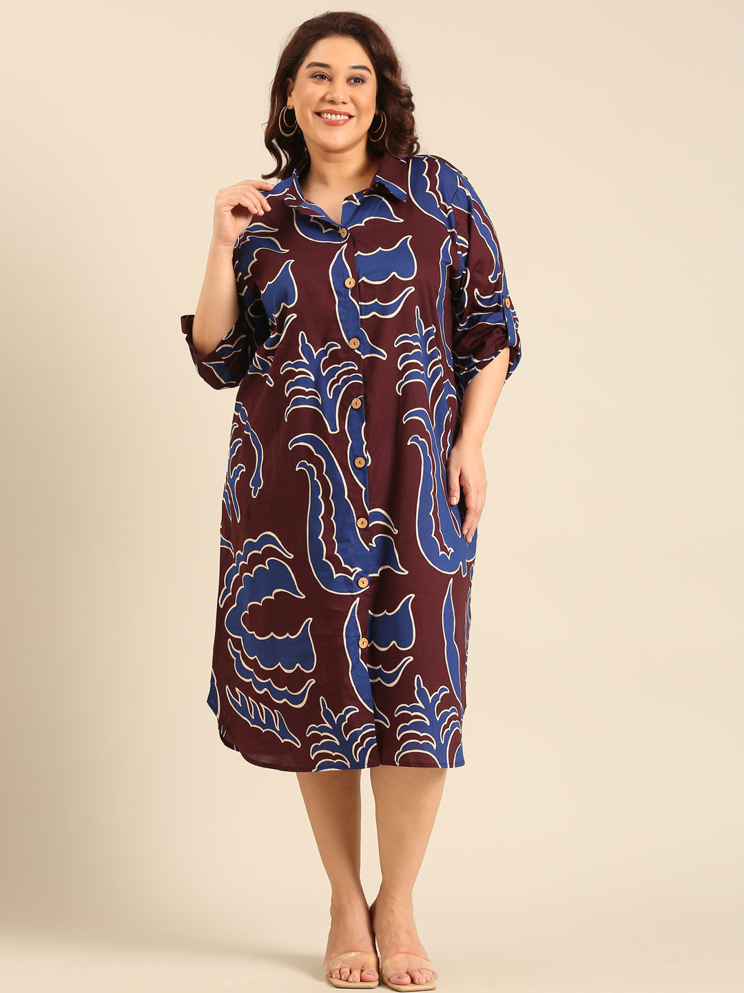 Navy And Brown Print Shirt Dress