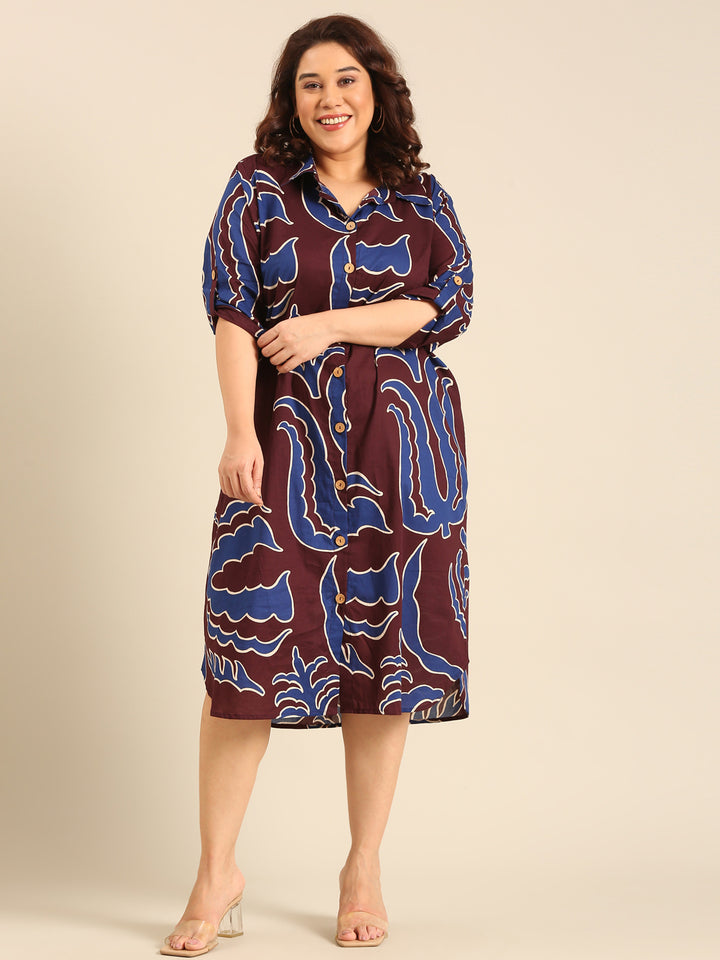 Navy And Brown Print Shirt Dress