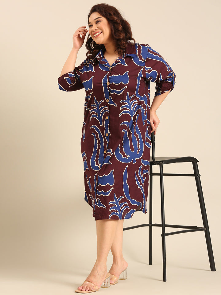 Navy And Brown Print Shirt Dress