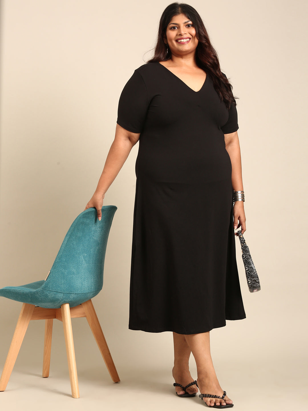 Black Cotton V-Neck Maxi Dress