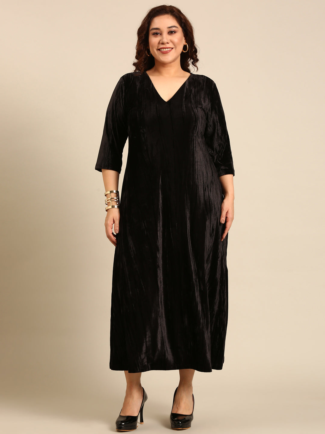Black Pleated Velvet A-line Dress