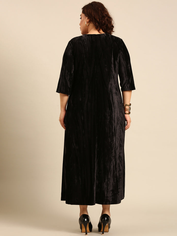 Black Pleated Velvet A-line Dress