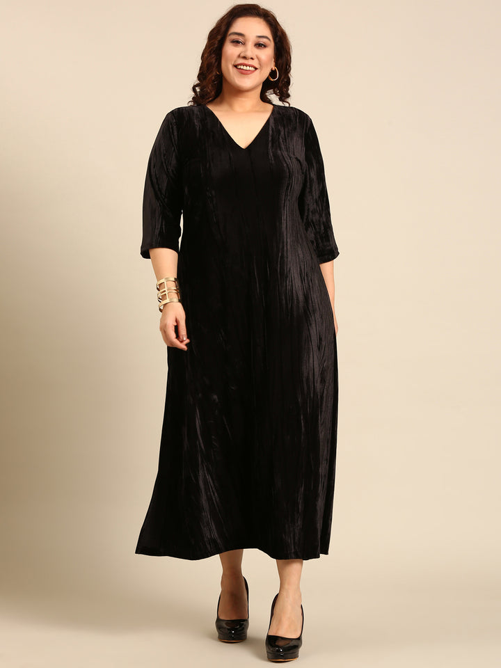 Black Pleated Velvet A-line Dress