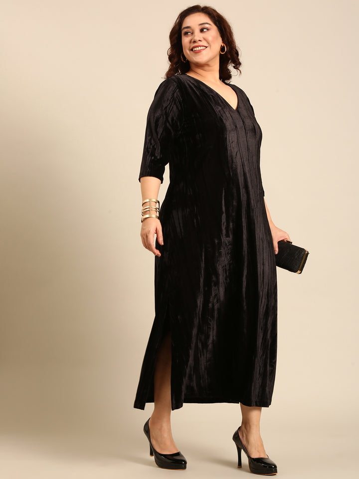 Black Pleated Velvet A-line Dress