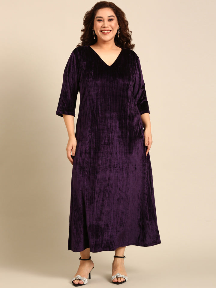 Purpel Pleated Velvet A-line Dress
