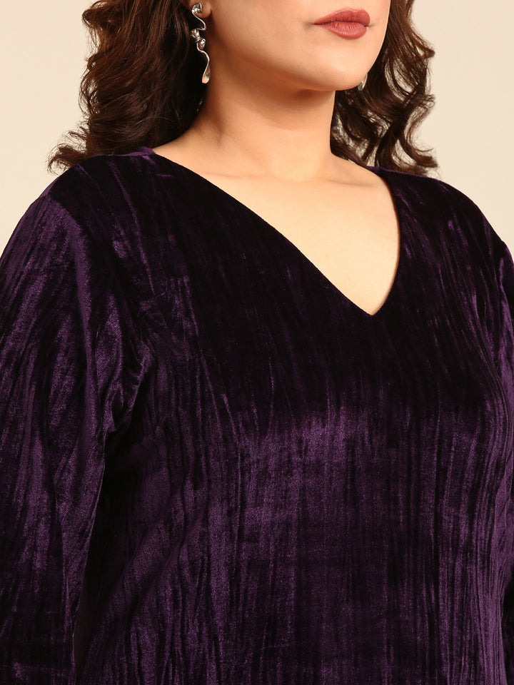 Purpel Pleated Velvet A-line Dress