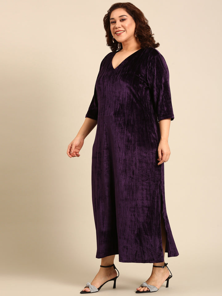 Purpel Pleated Velvet A-line Dress
