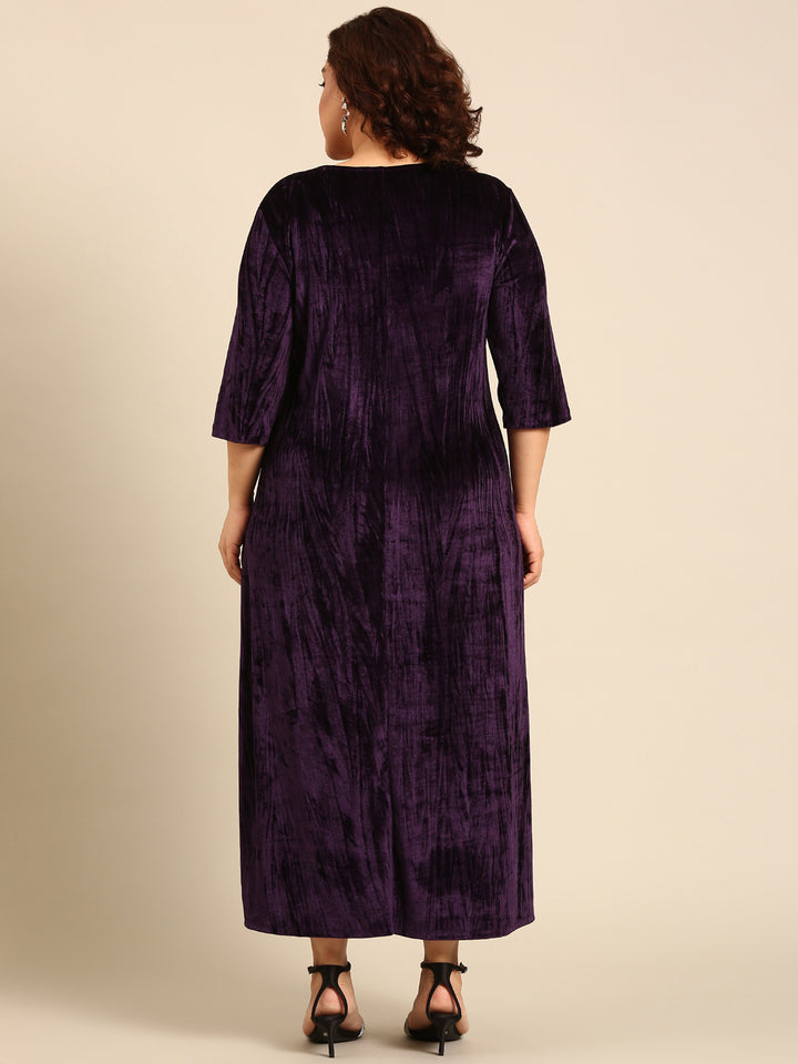 Purpel Pleated Velvet A-line Dress