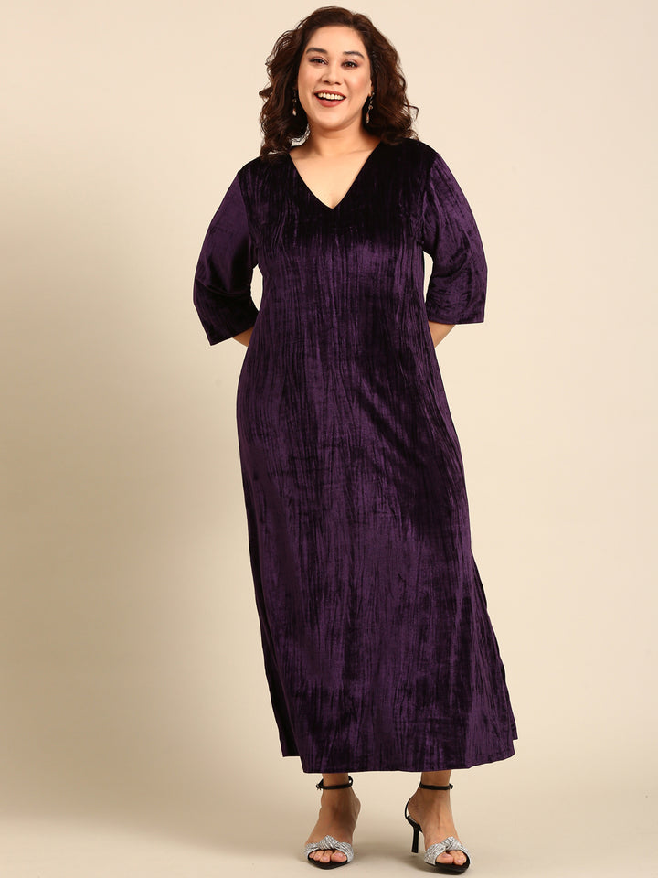 Purpel Pleated Velvet A-line Dress