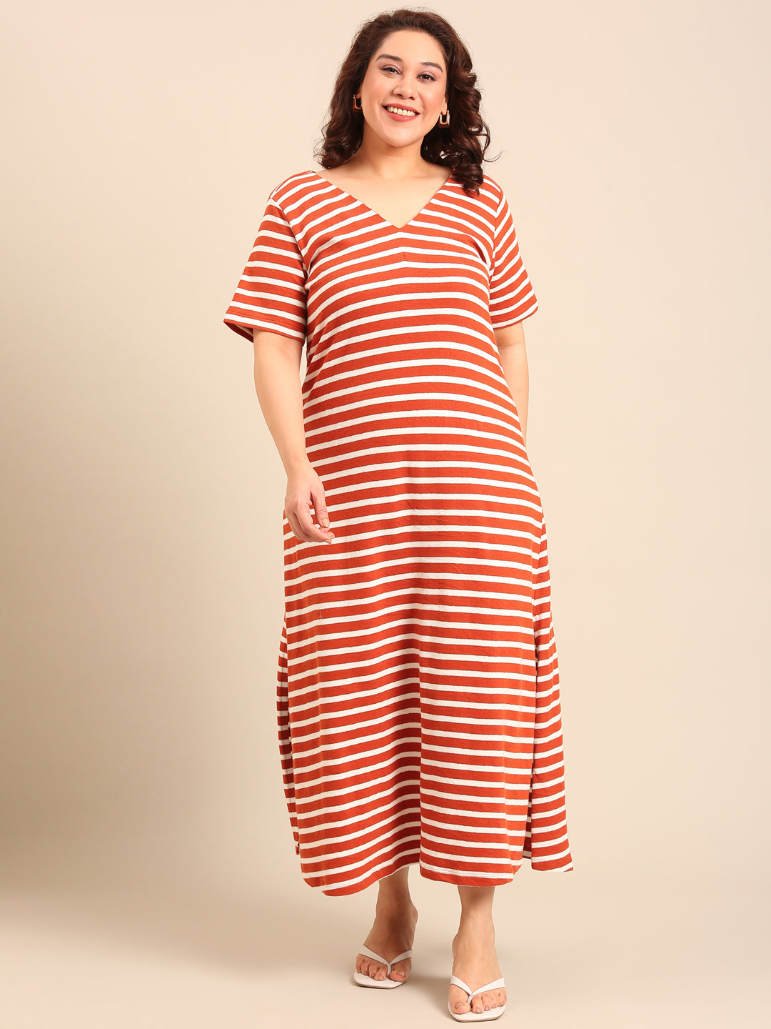 Ribbed Rust-White Striped Dress