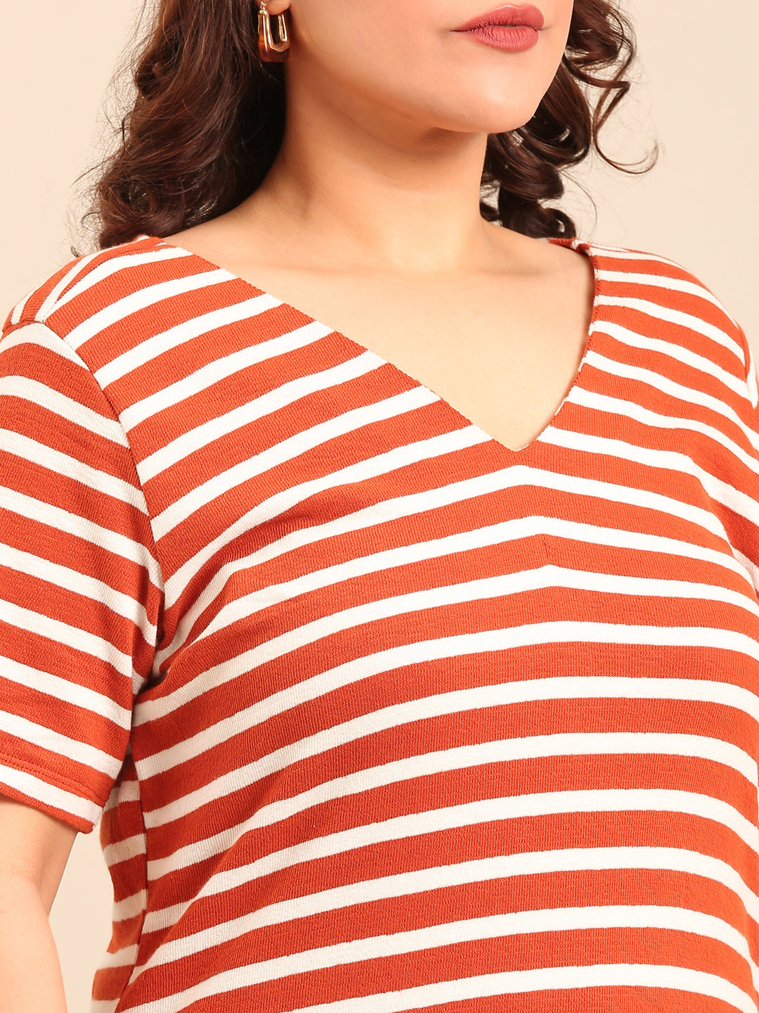 Ribbed Rust-White Striped Dress