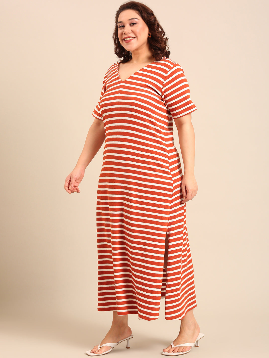 Ribbed Rust-White Striped Dress