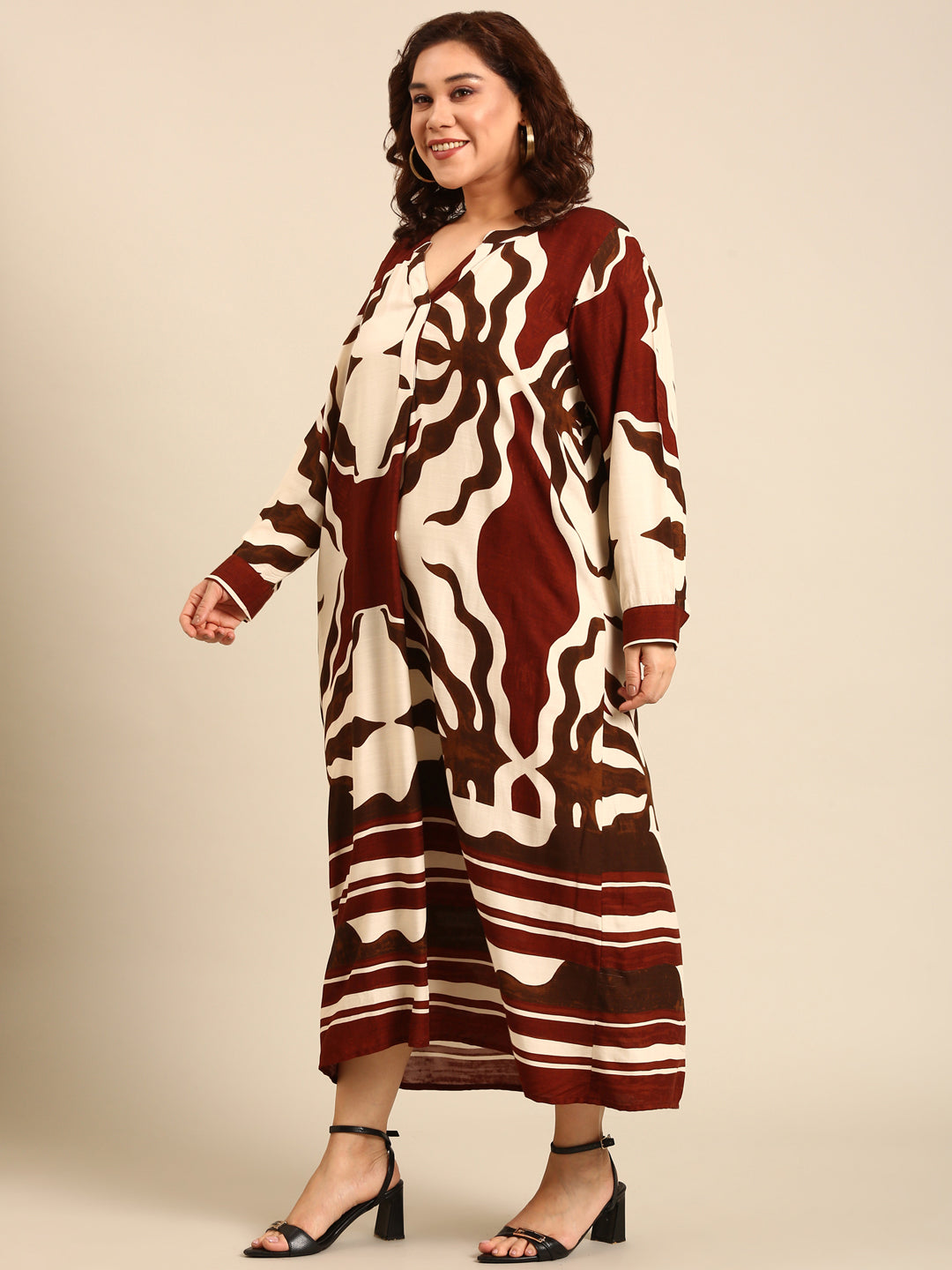 Brown Abstract Printed Maxi Dress