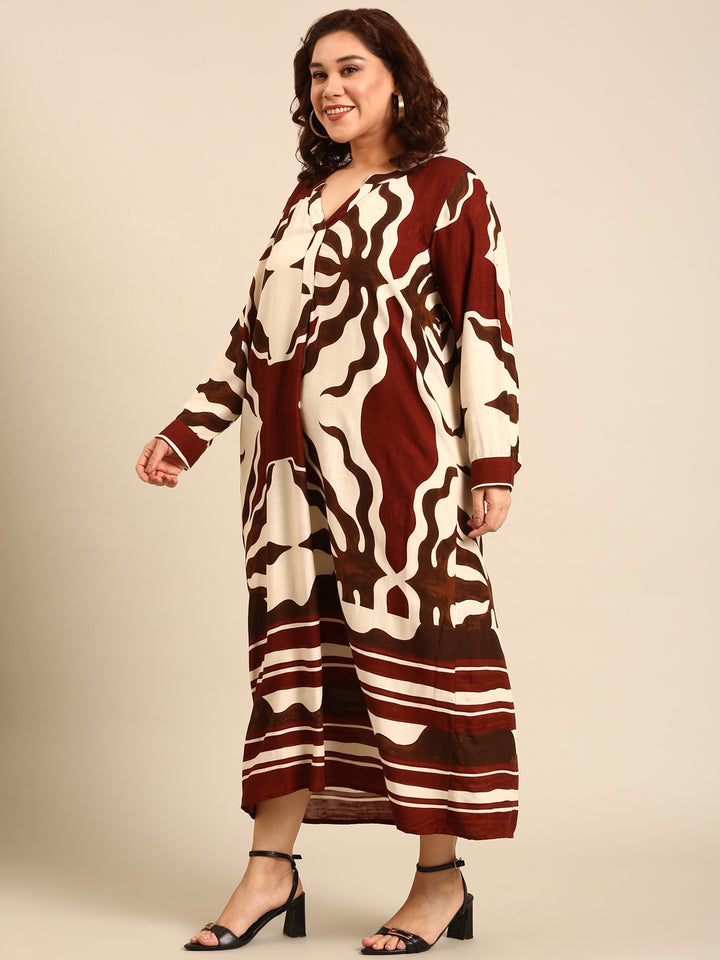 Brown Abstract Printed Maxi Dress