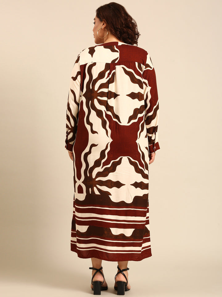 Brown Abstract Printed Maxi Dress