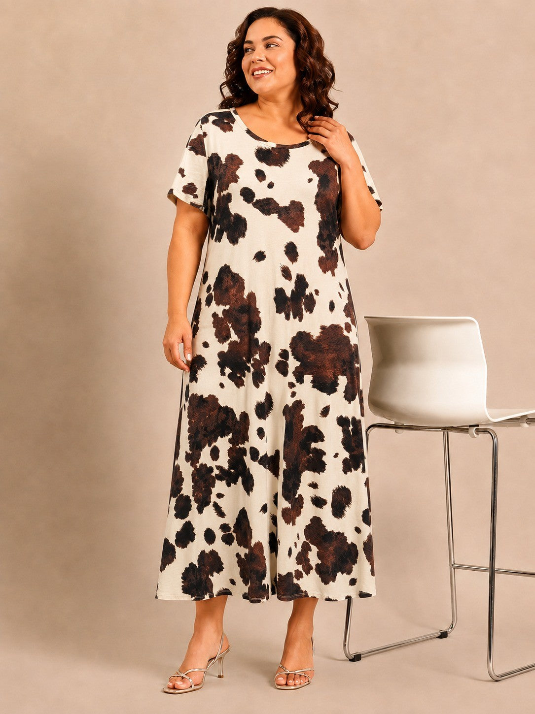 Brown & off-white Printed Cap Sleeve Dress