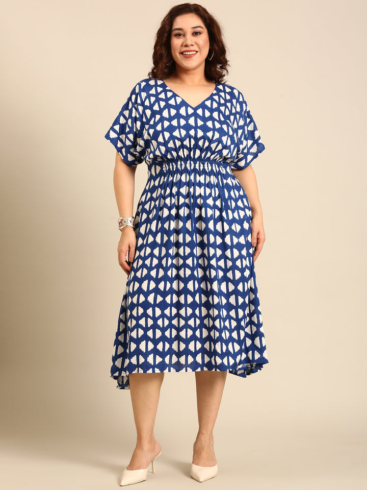 Blue Geometric Printed Smocking Dress