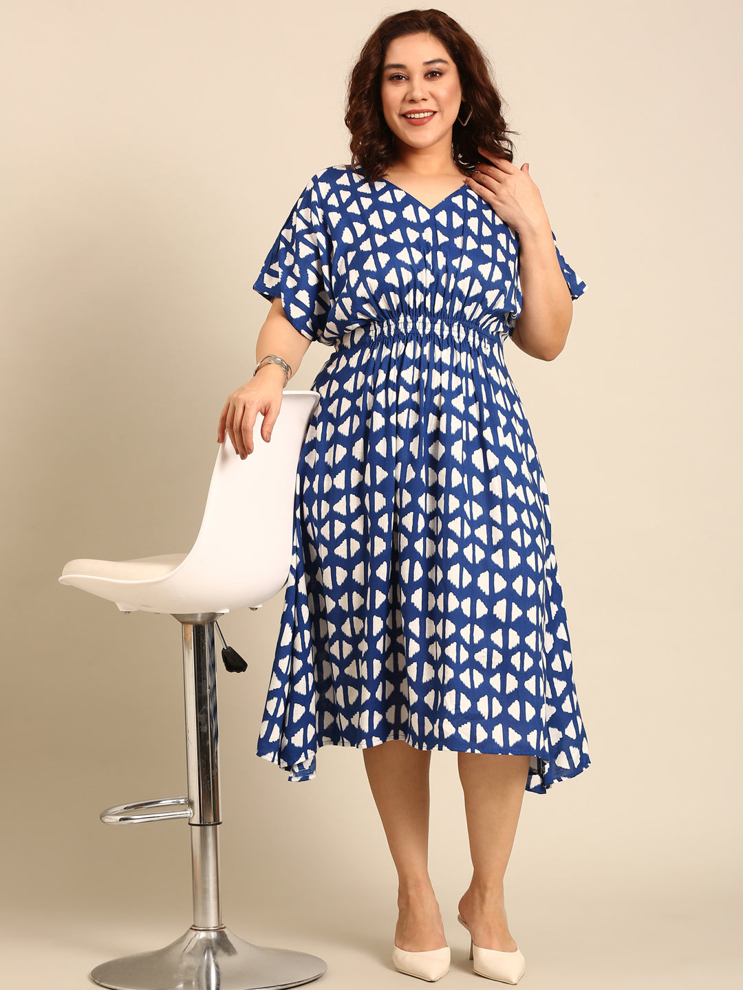 Blue Geometric Printed Smocking Dress