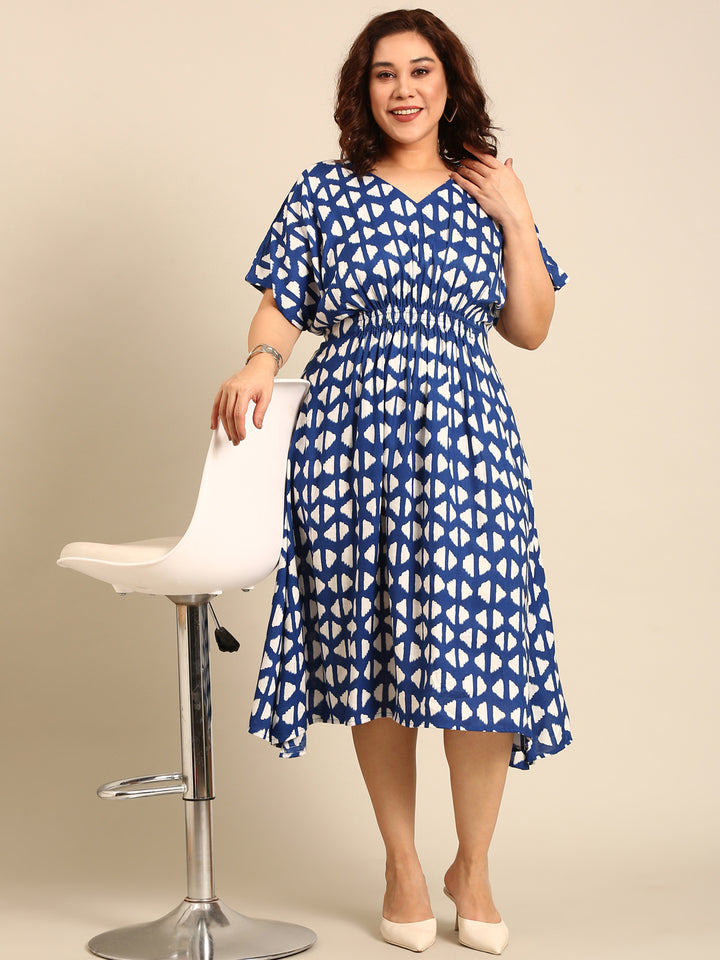 Blue Geometric Printed Smocking Dress