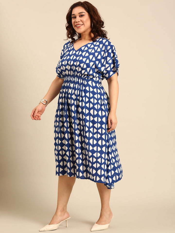 Blue Geometric Printed Smocking Dress