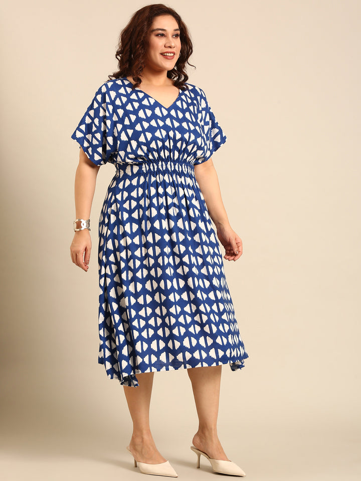 Blue Geometric Printed Smocking Dress