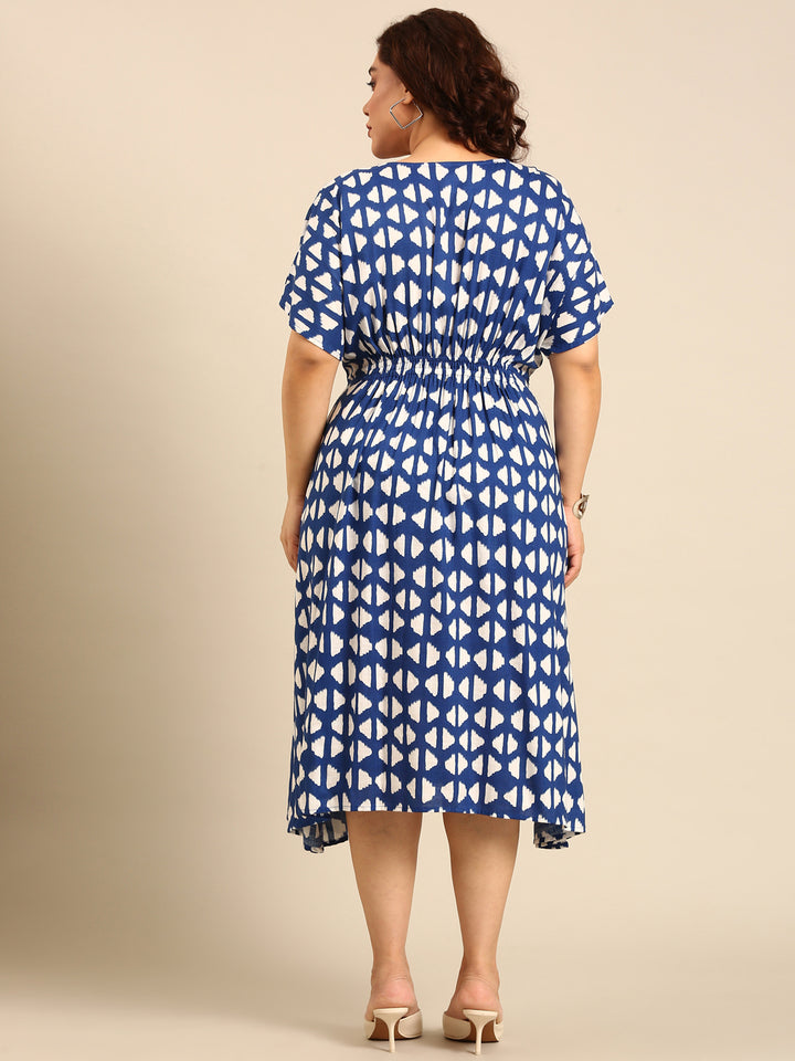 Blue Geometric Printed Smocking Dress