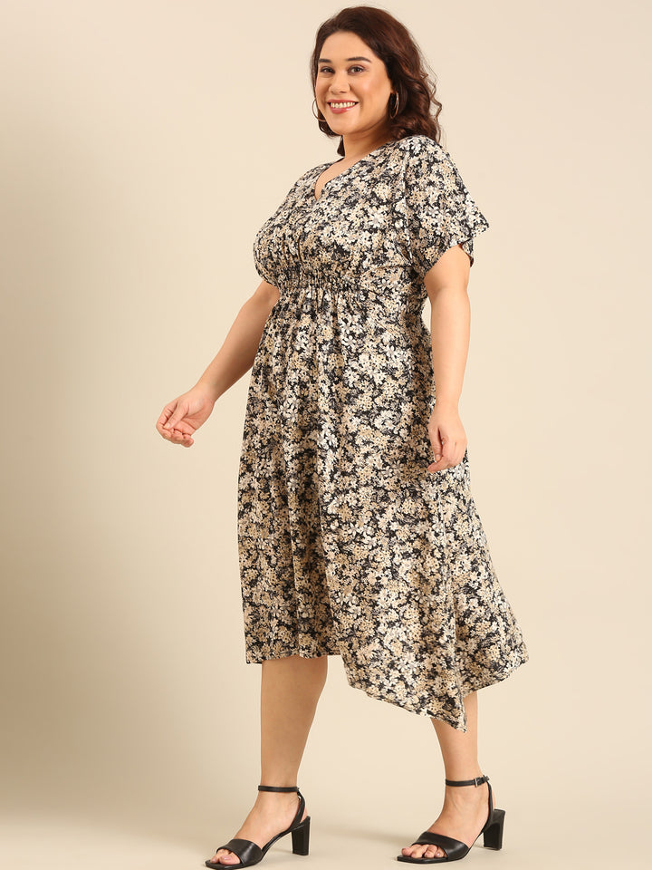 Smocking Ditsy Floral Print Dress