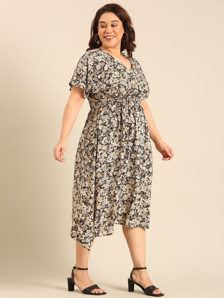 Smocking Ditsy Floral Print Dress